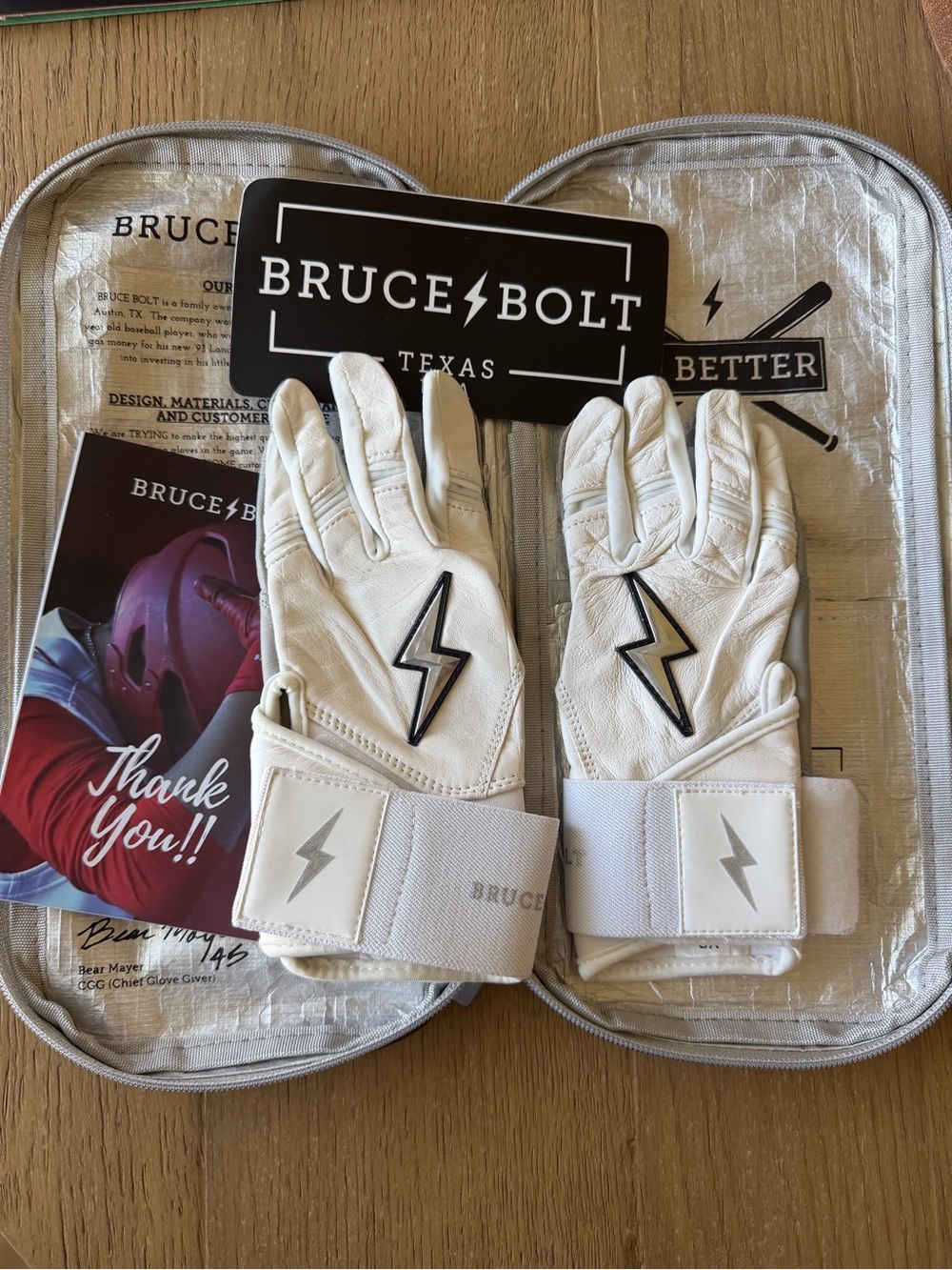Bruce Bolt Texas White Baseball Batting Gloves - Lightning Logo